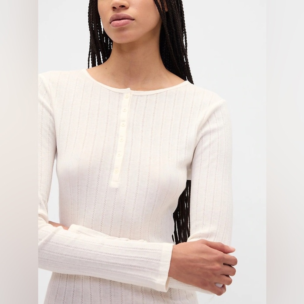 NWT RIBBED POINTELLE HENLEY TOP IVORY